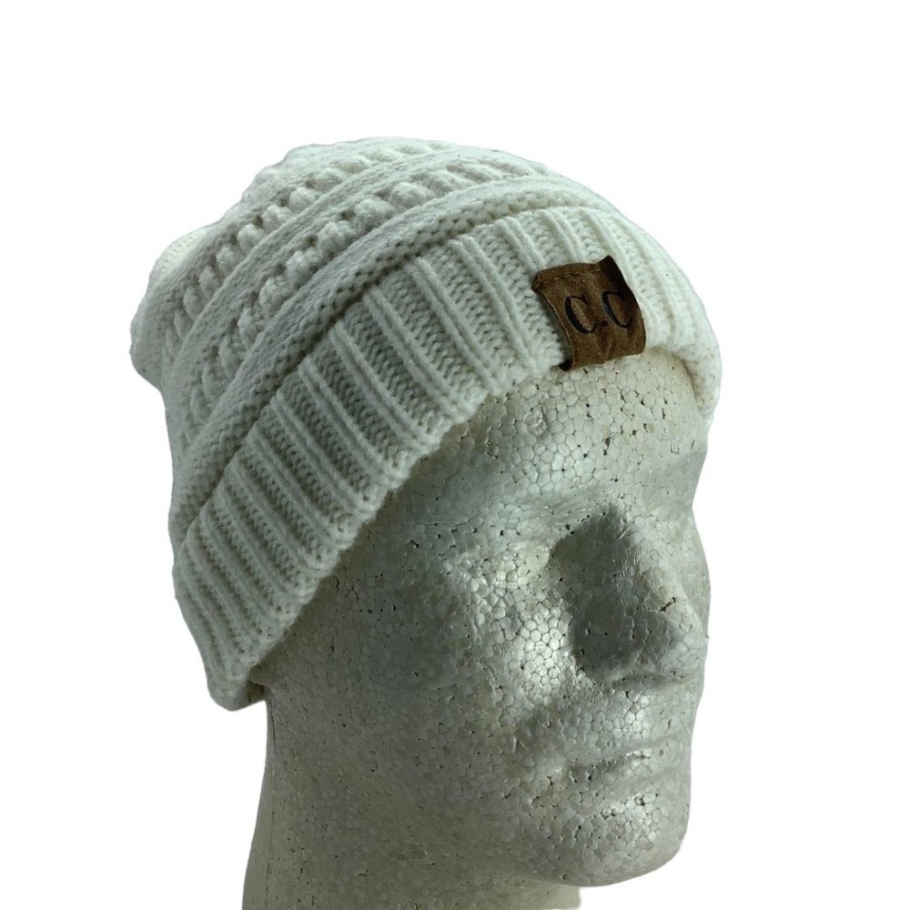 C.C. Beanie Ribbed Cable Knit Pony Tail Hole Beanie Cap Skullcap Women White OS